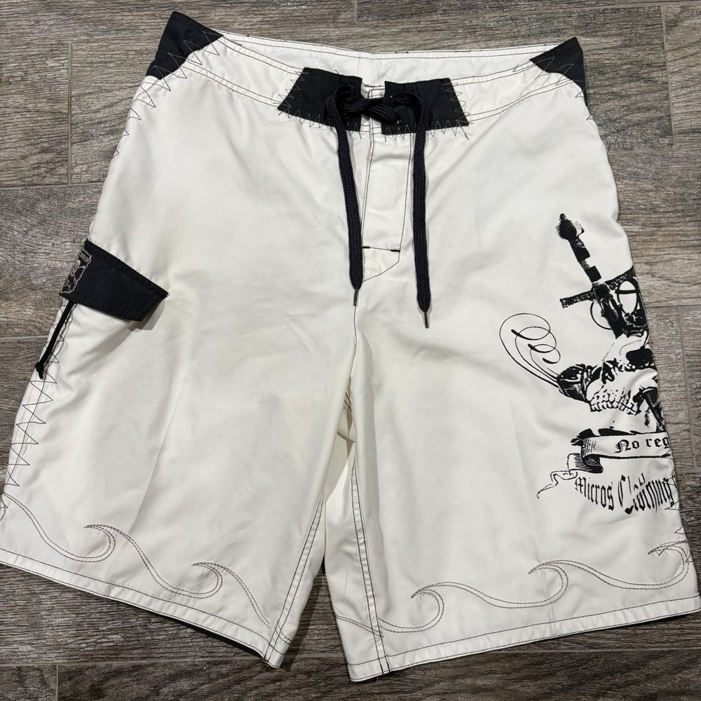 Micros Y2K Men's Board Shorts Swim White Black Sz 33